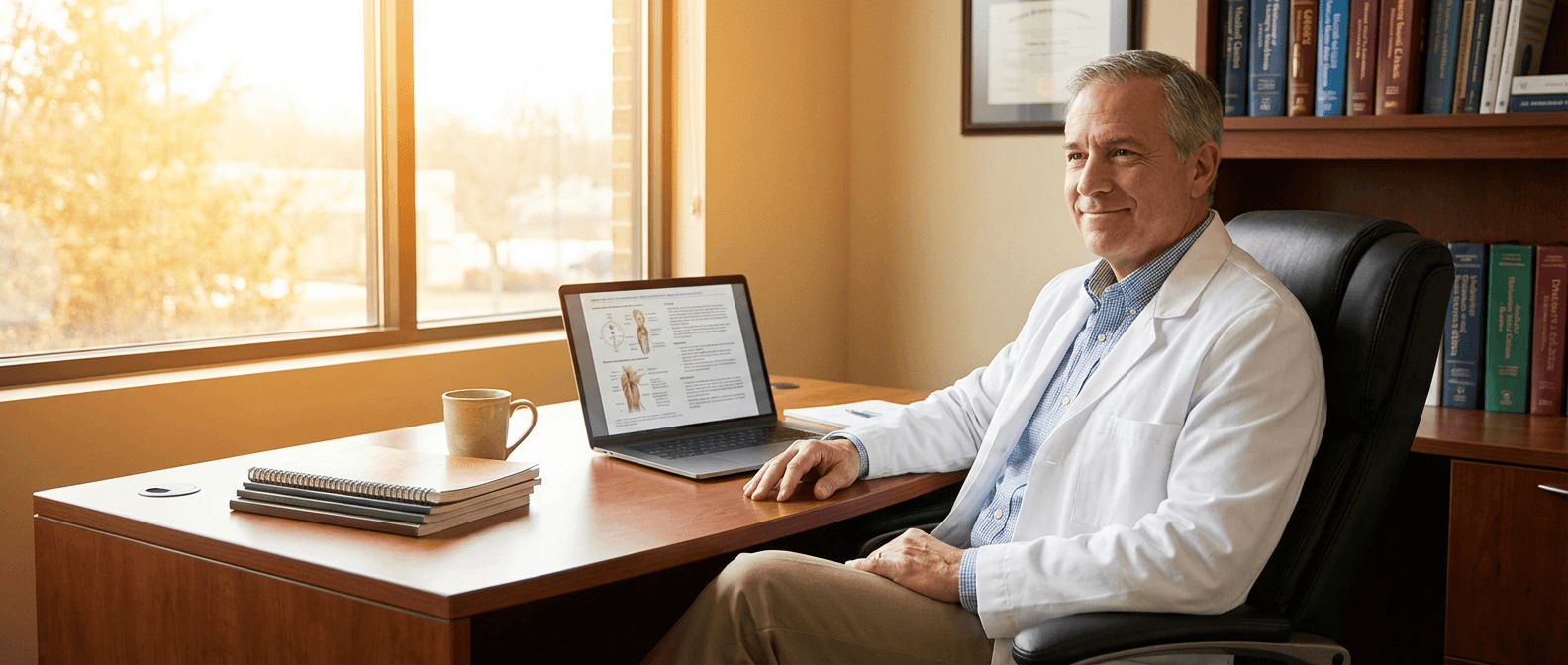 Osteopathic physician reviewing educational content