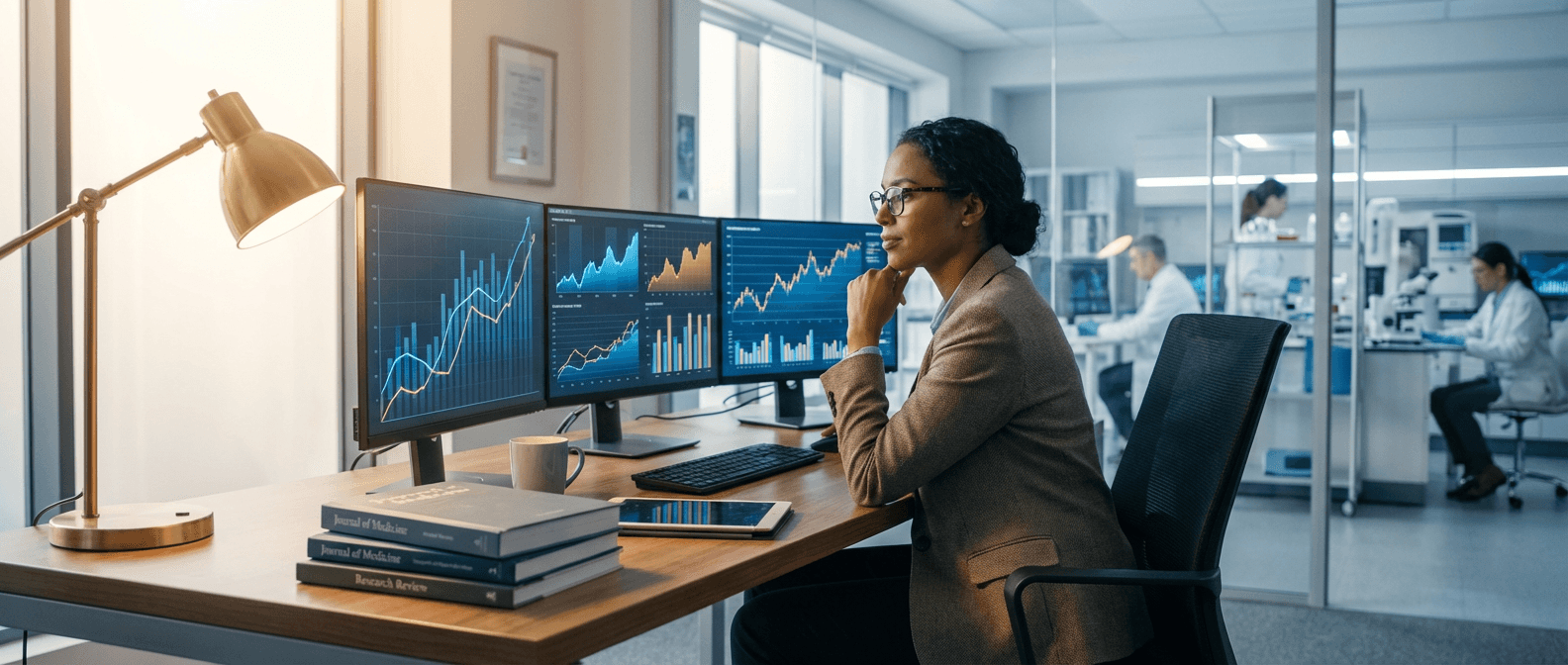 Healthcare researcher reviewing data